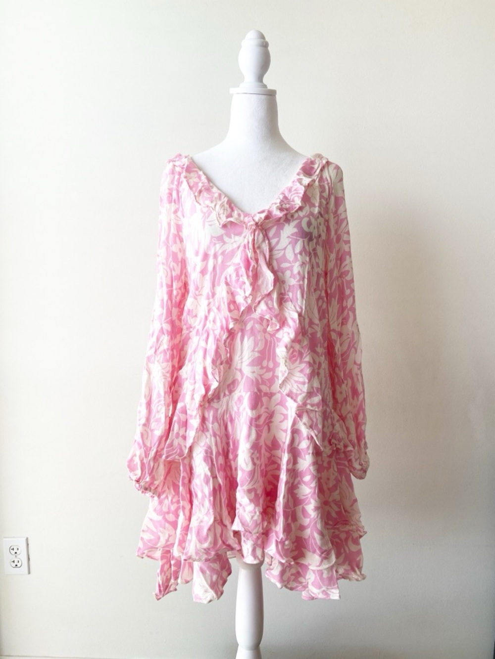 Free People Pink & White Floral Ruffle Dress Size M